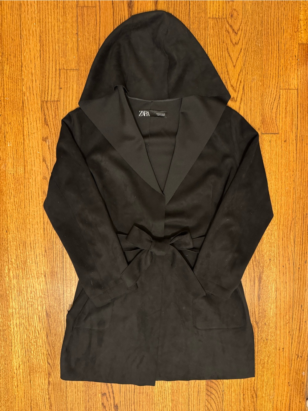 Zara Black Shawl-Collar Belted Coat with Pockets and Hood